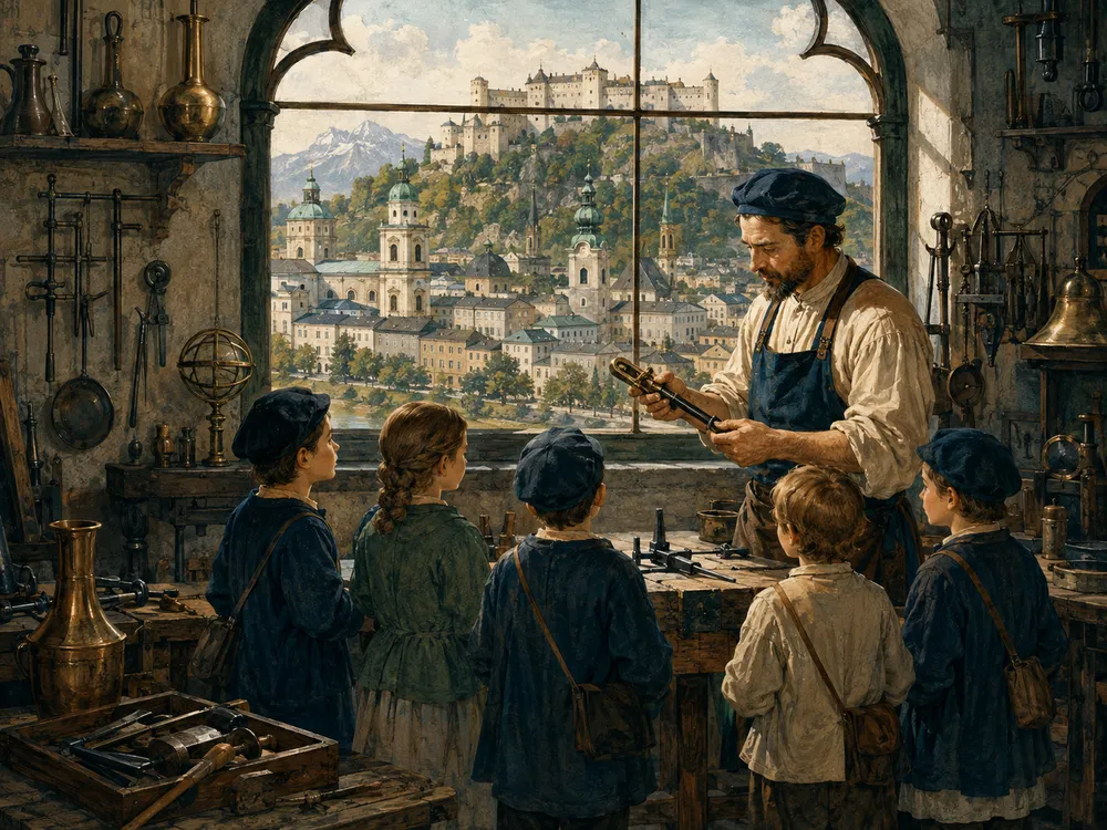 Kinder besuchen einen Handwerker in seiner Werkstatt, im Fenster eine Altstadt mit Festung.